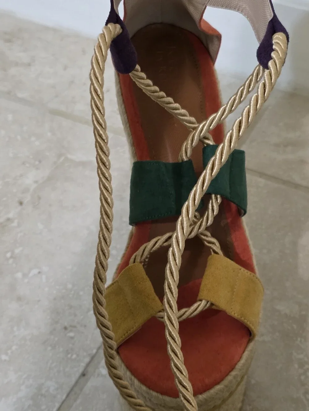 Vibrant Colorblock Platform Espadrille Lace-Up Sandals. US 6.5